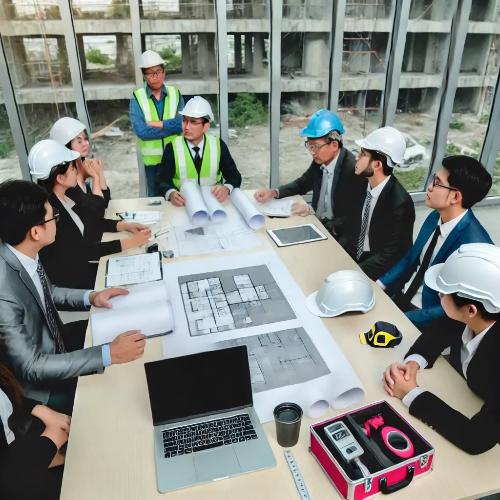 A-construction-meeting-scene-with-a-group-of-professionals-around-a-table-discussing-building-plans. The-table-is-covered-with-blueprints-documents