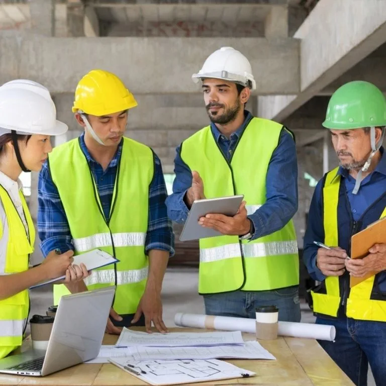 Professional construction workers using helmet on the site